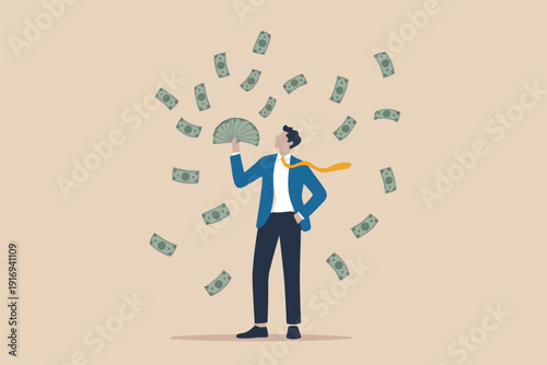 Businessman standing under a rain of money bills and holding a fan of cash in a flat vector style Vector, illustration