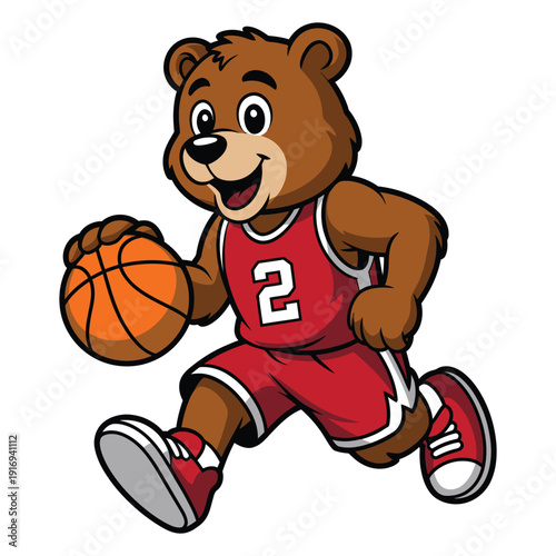 Cute cartoon brown bear mascot playing basketball, dribbling an orange ball while running, wearing a red and white jersey with number 2 and matching shorts and sneakers