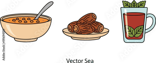 Ramadhan Kareem A delightful collection of Iftar essentials featuring warm soup, sweet dates, and invigorating mint tea, perfect for festive celebrations
