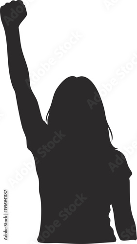 Determined woman with raised fist showing strength and protest.