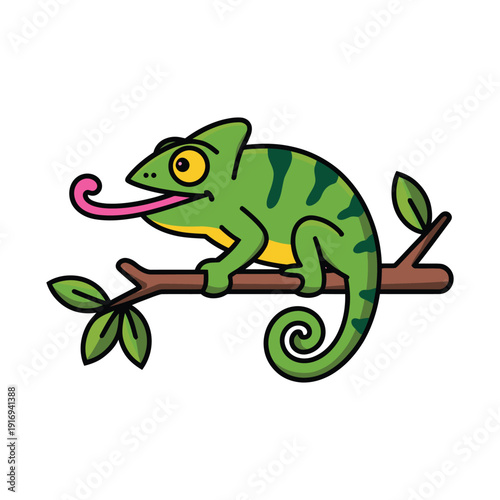 Cute green cartoon chameleon lizard sitting on a branch with tongue out