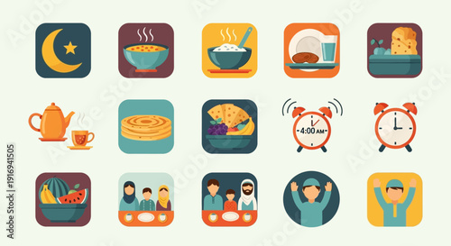 Collection of flat icons representing various daily activities and meals during the Islamic holy month