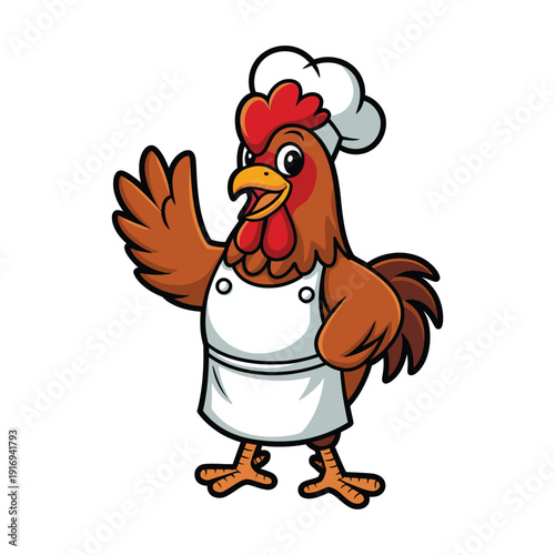Cartoon rooster chef waving hello, cute chicken mascot in baker hat and apron