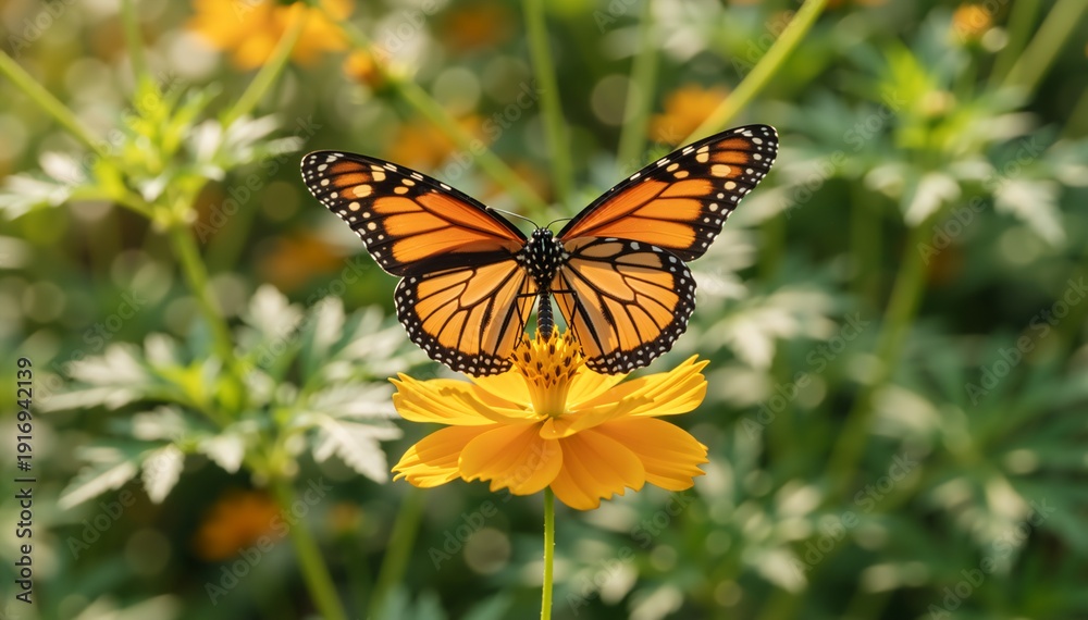 Obraz premium Close-up of a Monarch butterfly resting on a yellow cosmos flower. Orange and black insect in a green garden