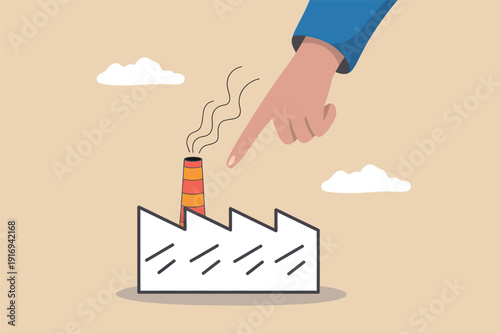 Huge hand pointing finger at small factory building with smoking chimney for industrial concept. Vector, illustration
