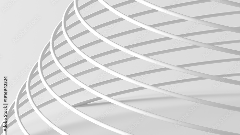 Obraz premium Minimal white composition of overlapping spiral rings and curved lines forming a modern architectural background. Clean geometric pattern with soft shadows, negative space. 3d rendering illustration