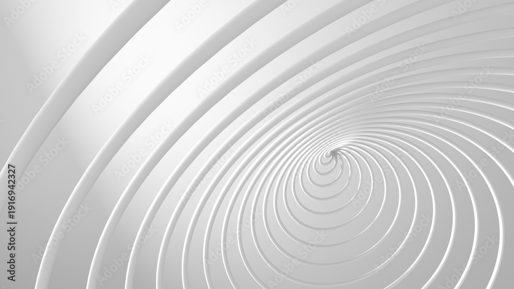 Fototapeta premium Abstract white spiral tunnel with concentric curved bands creating a minimalist modern backdrop. Smooth gradients and soft shadows emphasize depth, perspective and motion. 3d rendering illustration