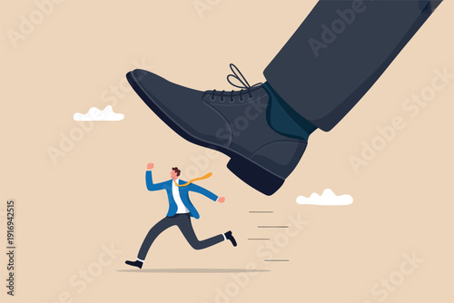 A tiny businessman runs away from a giant foot about to step on him, representing business pressure Vector, illustration