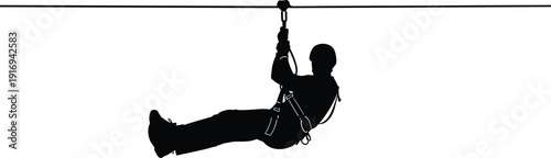 Zip line rider silhouette suspended on cable, adventure sports vector art, outdoor activity illustration, extreme recreation design, travel tourism concept, flat vector illustration