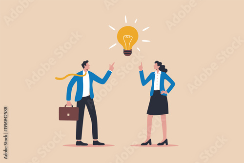 Business people collaborating to find a creative solution and generate a new bright idea. Vector, illustration