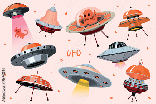 A set of UFO a range of unidentified flying objects with different designs of alien ships in retro sci fi vision but in modern style. Sauser with cute scary monsters