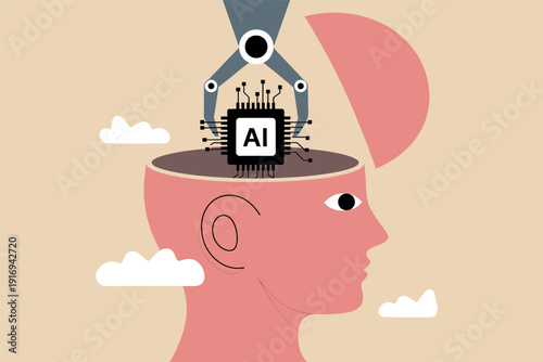 Conceptual illustration of a robotic arm inserting an artificial intelligence chip into a human head Vector, illustration
