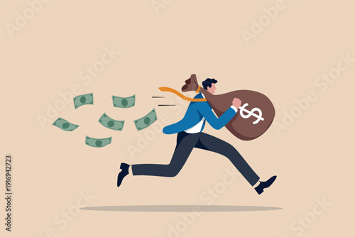 Businessman running fast with a large money bag while cash bills fly out behind him. Vector, illustration