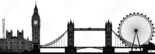 London city skyline silhouette featuring Big Ben, Tower Bridge, and London Eye, iconic architecture landmarks vector art, travel tourism design, flat vector illustration