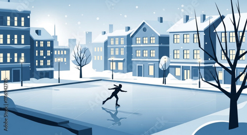 Person ice skating alone on frozen pond in snowy town with residential buildings and bare trees