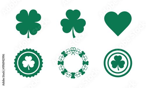 Six green icons including clovers, heart, badge, wreath and emblem representing st. patrick's day celebration, luck and irish cultural tradition