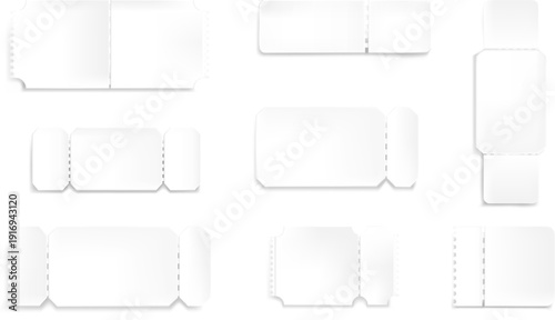 Collection of blank white ticket stubs and torn ticket edges isolated on white