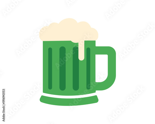 Stylized green beer mug filled with frothy foam representing festive st. patrick's day celebration, irish culture and holiday drinking tradition