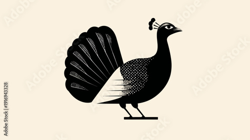 Black and white illustration of a bird with a fanned tail, minimalist style