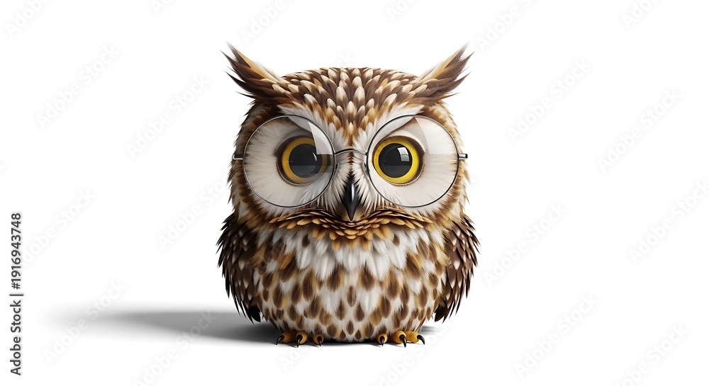 Obraz premium Wise Owl with Glasses, Cute Cartoon Character, Studio Portrait