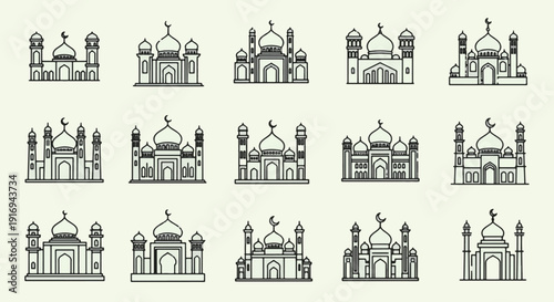 Elegant collection of mosque line art icons, perfect for celebrating Ramadhan Kareem and Islamic cultural events