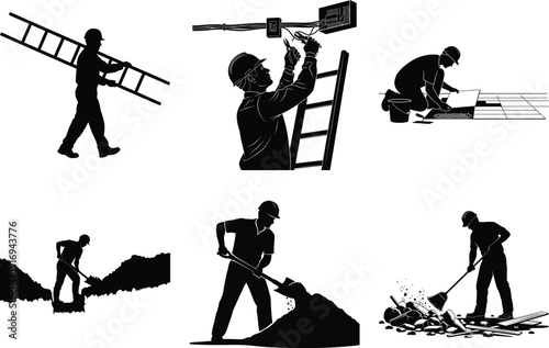 Silhouette vector set of workers in construction and cleaning activities with tools and equipment