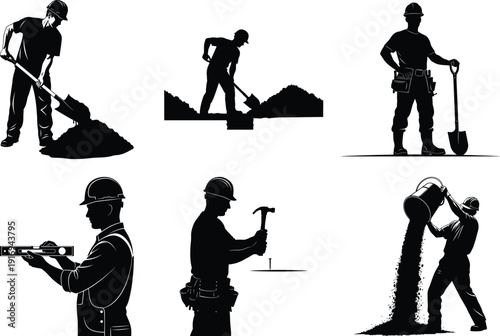 Construction worker silhouette vector set, labor activities collection, black and white flat design, professional job icons for business and industry