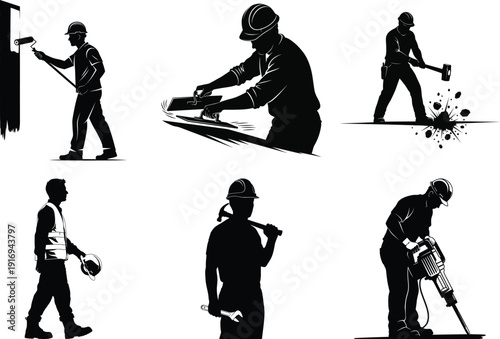 Silhouette vector set of construction workers and athletes in action flat design black and white illustrations