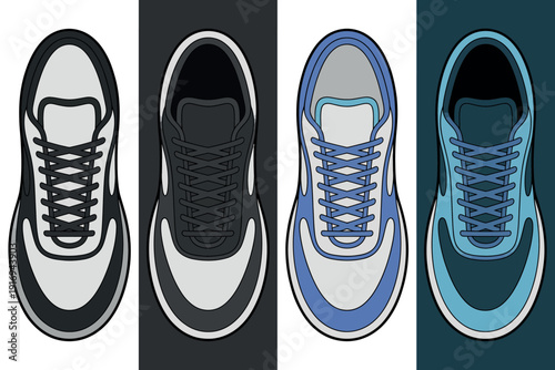 A set of four different colored sneakers on various backgrounds