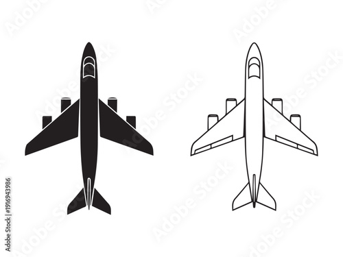 Airplane vector illustration, top view of commercial jet aircraft black silhouette and outline icon