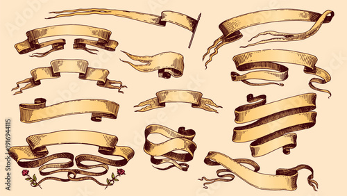 Set of scroll ribbon banners in Barocco style. Hand drawn engraving for your text in vintage traditional technique. For wedding, events, birthday and greetings.