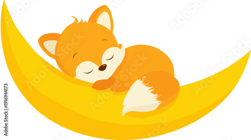 Adorable orange fox cub asleep on a yellow crescent moon, peacefully resting