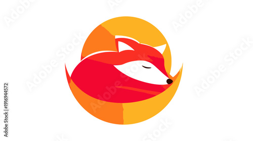 A stylized illustration of a red fox curled up in an oval-shaped composition of orange and yellow