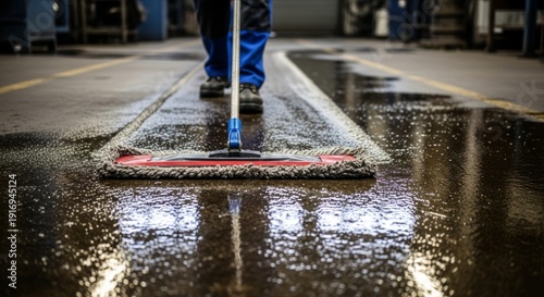 Worker Cleaning Floor with Mop in Industrial Warehouse Setting