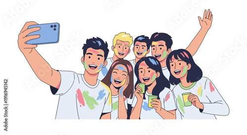 Diverse group of young adults taking a selfie together outdoors