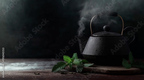 teapot and green tea on a dark background