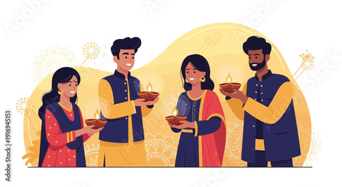 Group of people in traditional attire celebrating Diwali together with lit diyas in a festive environment from a frontal viewpoint