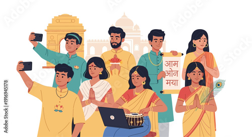 Diverse group of people taking selfies and using laptops near government building illustration