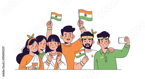 Group of people celebrating independence day together with flags and selfies