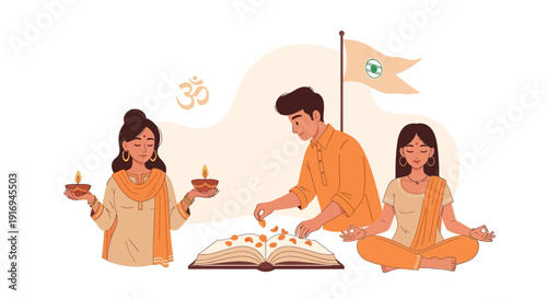 People gathered around a sacred text with spiritual symbols and flags in a serene environment