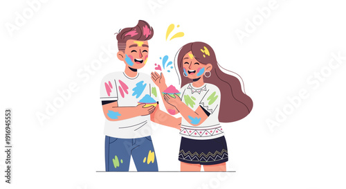 Couple Celebrating Holi Festival with Colorful Powder, Smiling Faces, Vibrant Clothing, Joyful Atmosphere, and Playful Moment