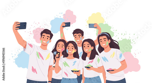 Group of young adults taking selfies together with colorful powder in the air