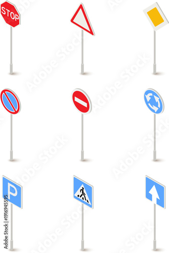 Isometric road signs stop yield warning and direction indicators