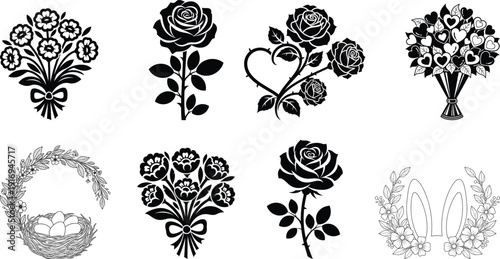 Collection of black and white floral silhouettes featuring roses and bouquets including a heart shaped design silhouette