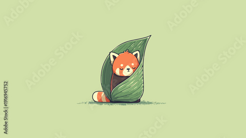 A red animal rests inside a leaf. Its eyes are closed, with a soft, warm color palette
