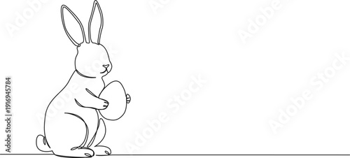 continuous line drawing of Easter bunny holding egg, line art vector illustration
