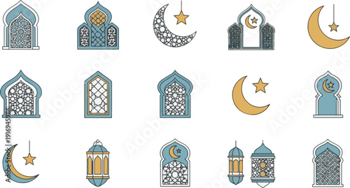 Elegant Ramadhan Kareem Vector Collection Ornate Islamic Architecture, Crescent Moons, and Lanterns for Festive Holiday Decorations