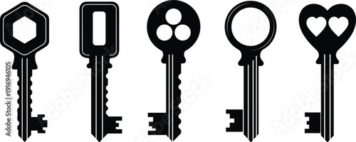 Black vector silhouette set of modern and vintage keys with geometric heart and circular head designs for security locksmith privacy and mystery branding design