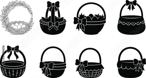 Collection of eight black silhouette easter baskets and one wreath on white background