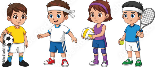 Set of diverse cartoon children athletes playing sports including soccer football volleyball and tennis for kids fitness physical education and active lifestyle branding design